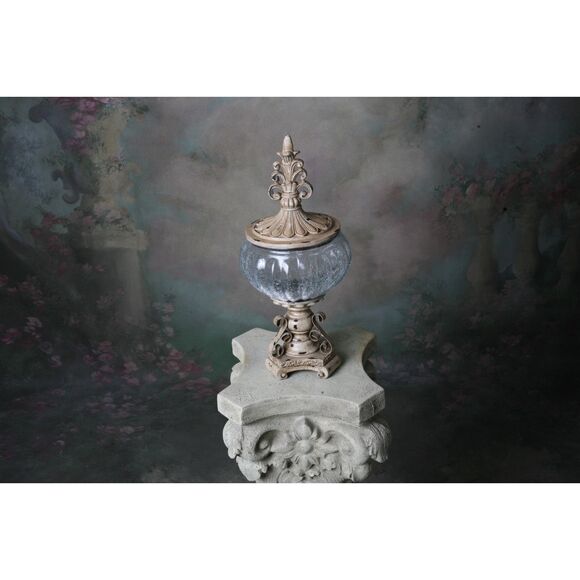 Decorative Crackle Glass Jar With Fleur-de-lis Lid Metal Work Aged - Picture 6 of 9